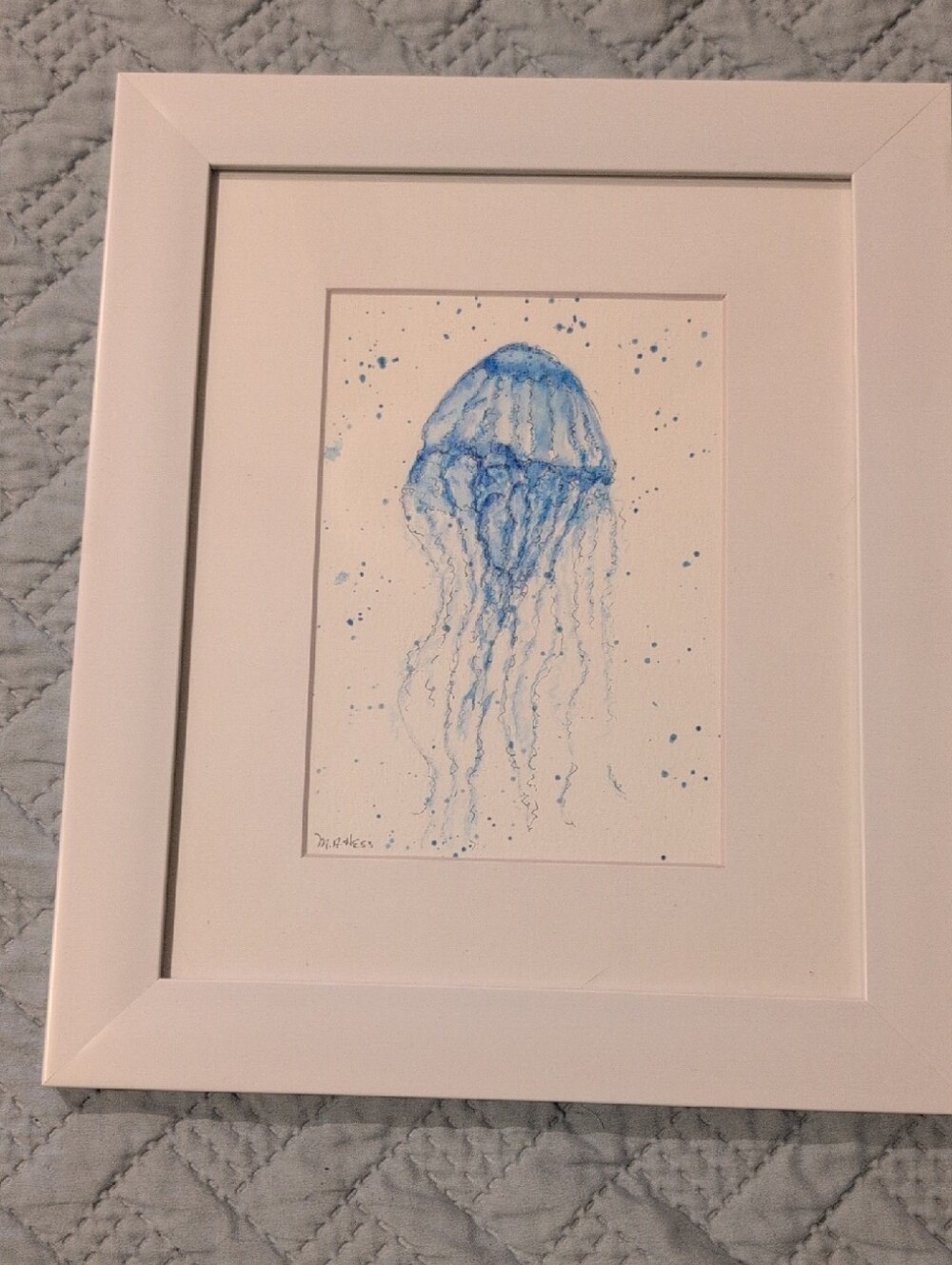 Blue Jellyfish Watercolor Wall Art in White Frame
